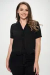 Truedames Plus Solid Chiffon Button Down Tie Front Short Sleeve Top In Black