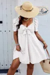 Truedames Plus Solid Front Knot Short Puff Sleeve Fit Dress In White