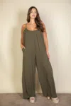 Truedames Plus Spaghetti Strap Solid Wide Jumpsuit In Green