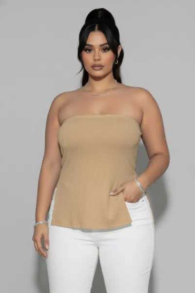 Truedames Plus Strapless Ribbed Side-slit Flare Top In Beige