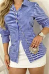 Truedames Plus Strip Button Up Fit Front Open Blouse In Blue