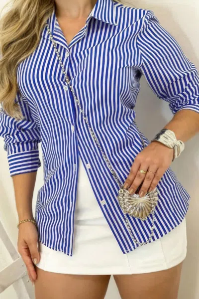Truedames Plus Strip Button Up Fit Front Open Blouse In Blue