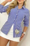 Truedames Plus Strip Button Up Fit Front Open Blouse In Blue