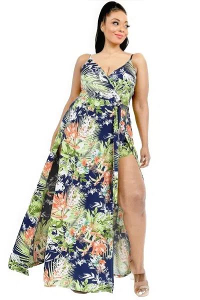 Truedames Plus Tropical Leaf Print Surplice Maxi Dress In Multi