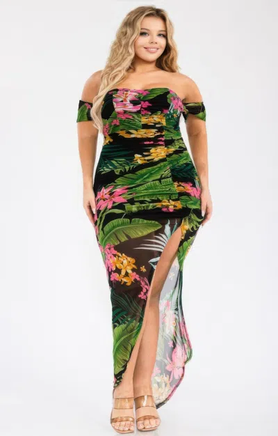 Truedames Plus Tropical Off Shoulder Draped Slv Maxi Dress In Green