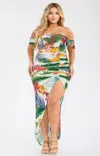 Truedames Plus Tropical Off Shoulder Draped Slv Maxi Dress In Multi