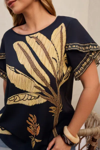 Truedames Plus Tropical Print Ruffle Hem Sleeve Blouse In Black