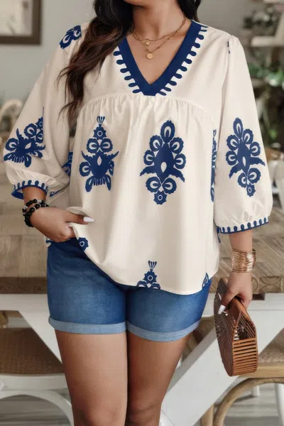Truedames Plus V Neck Geo Print Puff Sleeve Blouse In Neutral