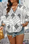 Truedames Plus V Neck Geometric Printed Embroidered Peplum Shirt In Multi