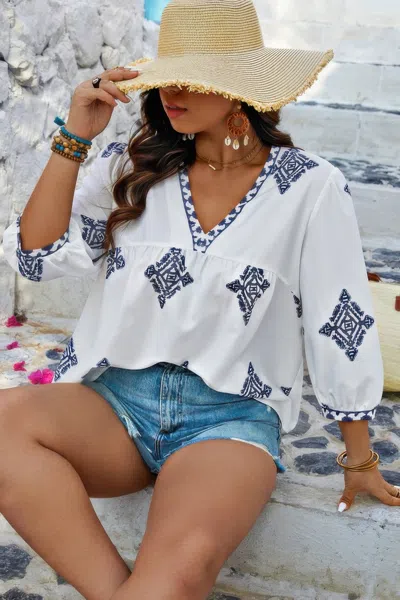 Truedames Plus V Neck Geometric Printed Embroidered Peplum Shirt In White