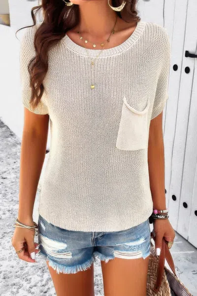 Truedames Pocket Knit Round Neck Loose Pullover Sweater In Beige