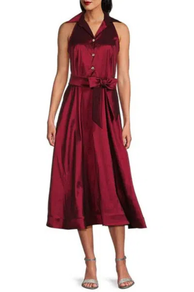 Truedames Point Collar Front Button Sleeveless A-line Midi Dress In Burgundy