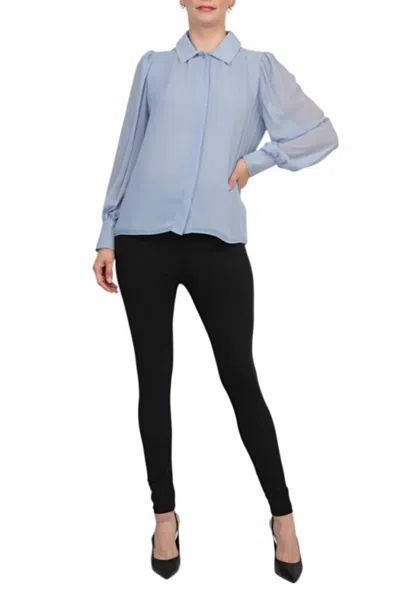 Truedames Pointed Collar Front Button Closure Puff Cuffed Long Sleeves Shirt In Blue