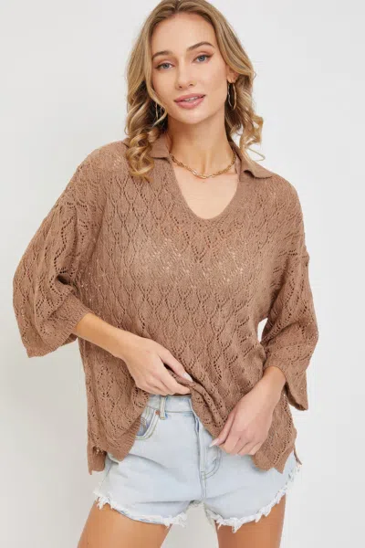 Truedames Pointelle Knit Top In Brown