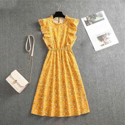 Truedames Polka Dot Chiffon Skirt Loose Versatile Temperament Medium Skirt Dot Print Butterfly Sleeve Ruffles  In Yellow