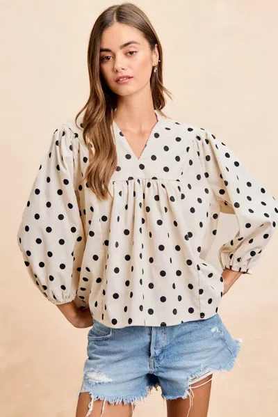Truedames Polka Dot Corduroy Quarter Sleeves V Neck Blouse In Multi