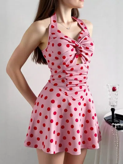 Truedames Polka Dot Halter Neck Twisted Front Mini Dress In Purple