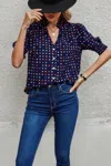 Truedames Polka Dot Print Puff Sleeve Loose Shirt In Blue