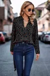 Truedames Polka Dot Puff Sleeve Notched Neckline Blouse In Black