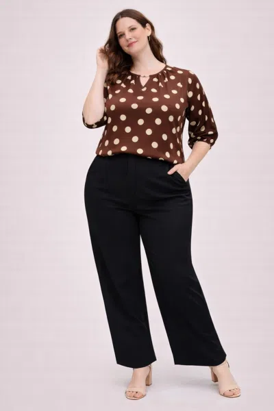 Truedames Polka Dot Split-neck Blouse With Puff Sleeves In Brown