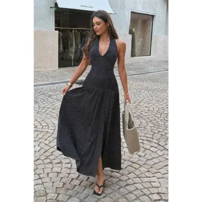 Truedames Polka Dot Vintage Halter Neck Maxi Dress In Black