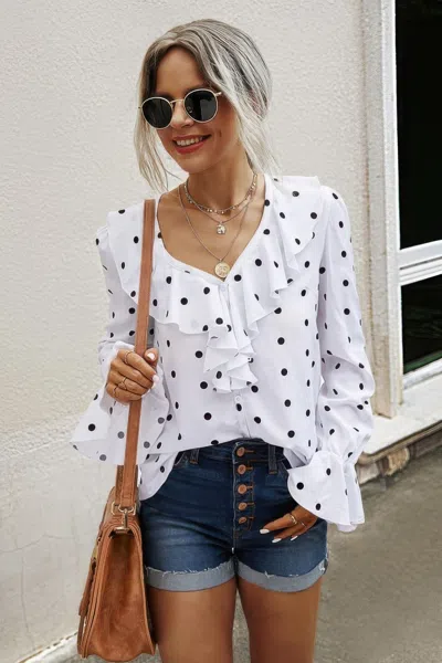 Truedames Polka Dots Long Sleeve V Neck Ruffled Shirt In White