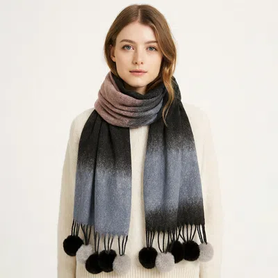 Truedames Pom Pom Tassel Trim Color Block Scarf In Gray