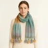 Truedames Pom Pom Tassel Trim Color Block Scarf In Green