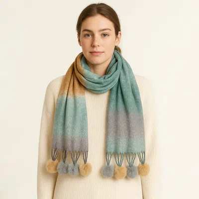 Truedames Pom Pom Tassel Trim Color Block Scarf In Green