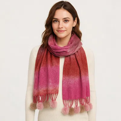Truedames Pom Pom Tassel Trim Color Block Scarf In Red
