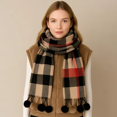 Truedames Pom Pom Tassel Trim Plaid Scarf In Brown