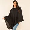 Truedames Pom Pom Trim Solid Asymmetrical Poncho In Black