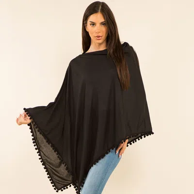 Truedames Pom Pom Trim Solid Asymmetrical Poncho In Black