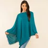 Truedames Pom Pom Trim Solid Asymmetrical Poncho In Blue