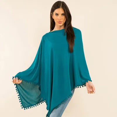 Truedames Pom Pom Trim Solid Asymmetrical Poncho In Blue