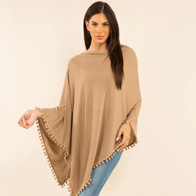 Truedames Pom Pom Trim Solid Asymmetrical Poncho In Brown