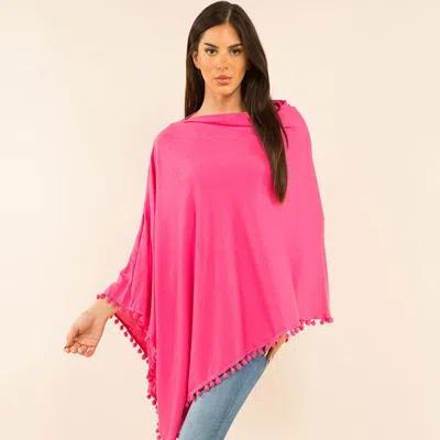 Truedames Pom Pom Trim Solid Asymmetrical Poncho In Pink