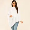 Truedames Pom Pom Trim Solid Asymmetrical Poncho In White