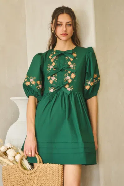 Truedames Poplin Front Ribbon Tie Baby Doll Dress In Green