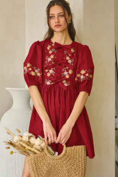 Truedames Poplin Front Ribbon Tie Baby Doll Dress In Red