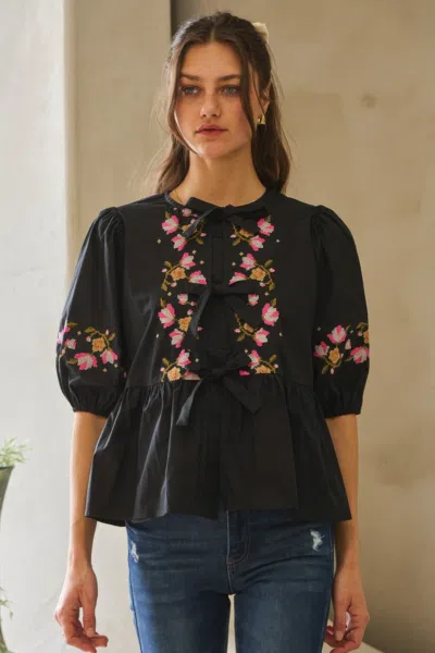 Truedames Poplin Front Ribbon Tie Blouse In Black