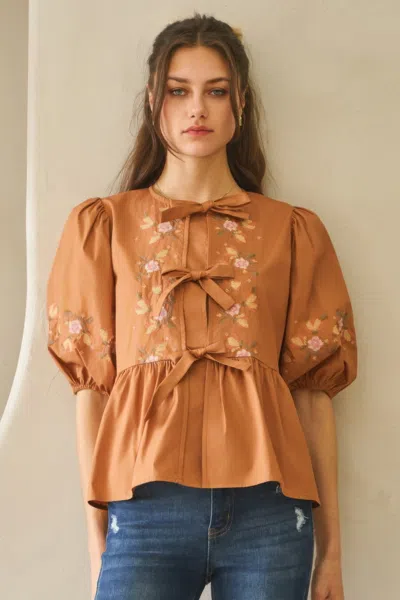 Truedames Poplin Front Ribbon Tie Blouse In Brown