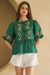 Truedames Poplin Front Ribbon Tie Blouse In Green