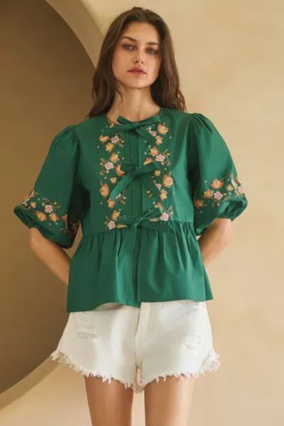 Truedames Poplin Front Ribbon Tie Blouse In Green