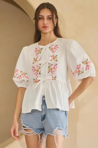 Truedames Poplin Front Ribbon Tie Blouse In White
