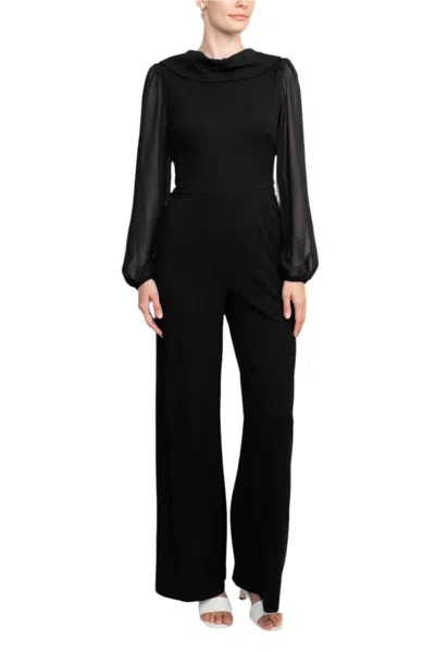 Truedames Popover Neck Chiffon Long Sleeve Zipper Back Solid Jumpsuit In Black