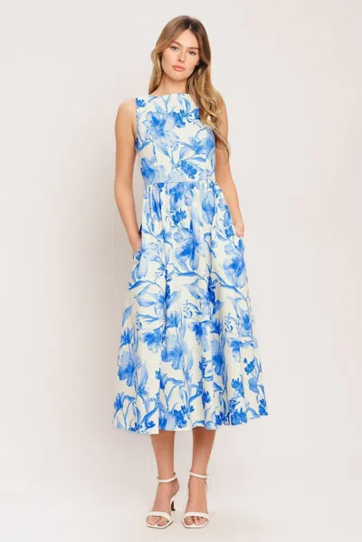 Truedames Porcelain Floral Woven Midi Dress In Blue
