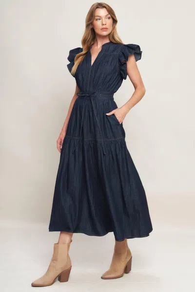 Truedames Power Denim Goddess Dark Indigo Midi Dress In Brown