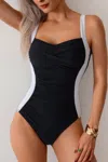 Truedames Print Colorblock Spliced Halter One Piece Swimsuit In Black