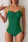 Truedames Print Colorblock Spliced Halter One Piece Swimsuit In Green